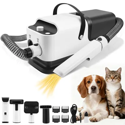 Produktbild von Hunde-Schermaschine - Pflege-Set mit Tierhaar-Staubsauger & Föhn - 12000 Pa Saugkraft - Einstellbare Geschwindigkeit & Temperatur - 5 Aufsätze - Schwarz