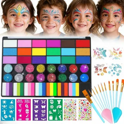 Immagine prodotto di Set di colori per il viso, 42 colori, con pennello, stencil e decorazioni a forma di pietre preziose