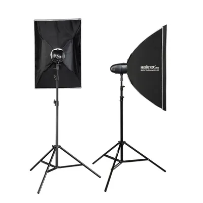 Produktbild von Walimex pro Newcomer 300 II 2er Set, Studioblitz Set inkl. Softboxen und Lampenstativen, LED Studiolicht 300 W mit Funk, hohe Lichtleistung ideal für Fotostudio