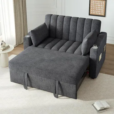 Productafbeelding van Slaapbank voor 2 personen, grijs, multifunctionele bank met slaapfunctie en verstelbare rugleuning, linnenlook, slaapbank met bekerhouders, 136x162x84 cm