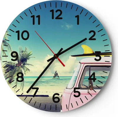 Produktbild von Wanduhr - Rund - Glasuhr - Auto Surfbrett Strand Ozean - 40x40cm - Schleichendes Uhrwerk - Lautlos - zum Aufhängen bereit - Dekoration Modern - Wanddekoration aus Glas - C4AR40x40-2835