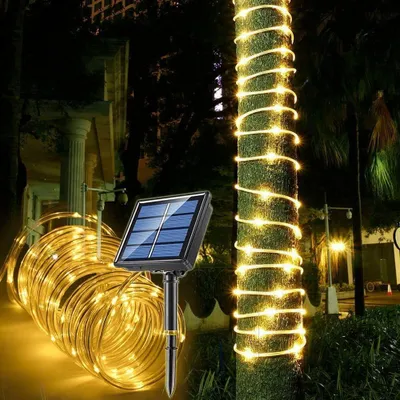 Zdjęcie produktu dla Światło LED - 100 diod - Zasilane energią słoneczną - Wodoodporne (IP65) - 8 trybów - Do użytku wewnątrz i na zewnątrz