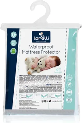 The product is a packaged mattress protector for a baby's crib, featuring an image of a sleeping baby.