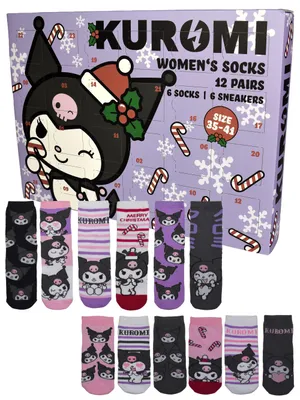Produktbild von Hello Kitty Kuromi Adventskalender mit 12 Paar Socken Größe 35-41 für Damen Weihnachtskalender mit Sneakers und langen Socken