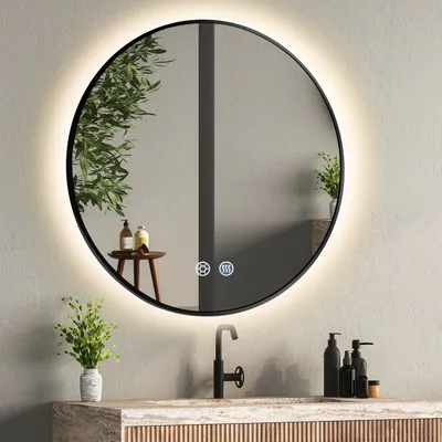 Produktbild von MCURO Runder Badezimmerspiegel 60 cm mit Beleuchtung, 3 einstellbaren Lichtfarben, beschlagfreier Lichtspiegel ohne Rahmen, Wandspiegel mit Touchschalter für Badezimmer