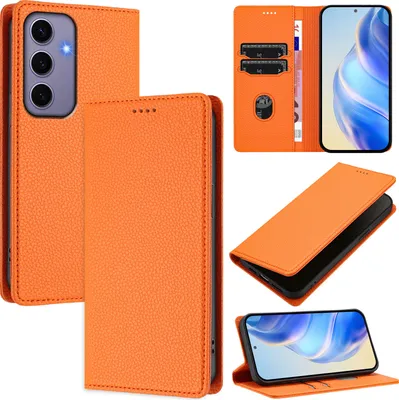 Produktbild von Litchi Leder Handyhülle für Samsung Galaxy S24 Wallet Kartenfächer Standfunktion Hülle Orange