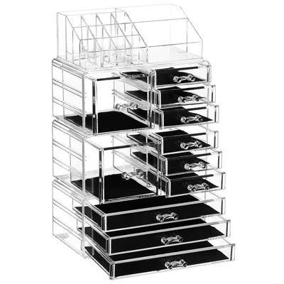 Produktbild von SONGMICS 4 in 1 XXL Make-up Organizer, Kosmetik-Organizer mit 11 Schubladen und 15 Fächern in unterschiedlichen Größen, rutschfeste Einlagen, für Schminke und Schmuck, transparent JKA017TP