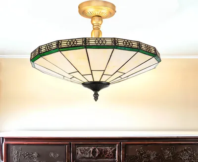 Immagine prodotto di Plafoniera stile Tiffany "New York" ottone crema verde metallo vetro 2 luci salotto lampada corridoio