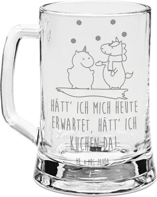Produktbild von Mr. & Mrs. Panda Krug Einhorn Schneemann - Transparent - Geschenk, Weihnachten, Glaskrug, Seidel, Bierkrug Mit Gravur, Winter, Schnee, Unicorn, Kuchen, Mütze, Humpen