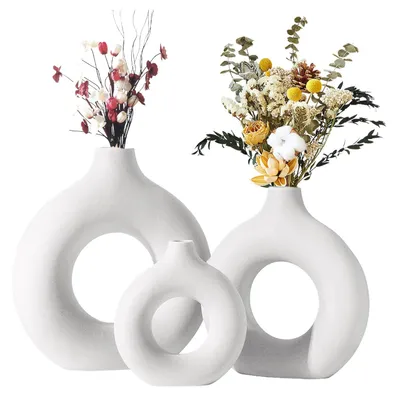3er-Set Keramikvasen, weiß, Donut-Design, 14–23 cm, modern