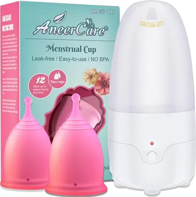 Image de Kit stérilisateur pour coupes menstruelles + 2 coupes menstruelles réutilisables 25 ml et 30 ml, Linovit®, désinfectant à la vapeur, compatible avec la plupart des coupes menstruelles, 100 % silicone médical, sans BPA, anti-fuite, rose