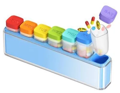Obrázek produktu pro Krabička na tablety na 7 dní, bez BPA, 7 odnímatelných přihrádek, modrá, poloprůhledná, vzduchotěsná