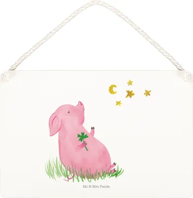 Produktbild von Mr. & Mrs. Panda Schild Schwein Glück DIN A5 - Weiß - Geschenk, Träume, holzbild, kleine aufmerksamkeit, Motivation, Sterne, Türschild, Lustige Sprüche, Deko Wandbild