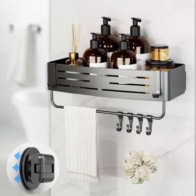 Immagine prodotto di Portaoggetti da doccia con ventosa, senza necessità di foratura, organizer da bagno con ganci e porta asciugamani, colore grigio, dimensioni 31,8 x 11,4 x 6,5 cm