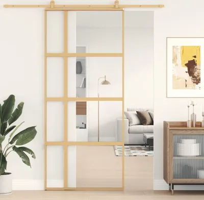 Produktbild von vidaXL Drzwi przesuwne Golden 90x205 cm ESG przezroczyste szkło i aluminium