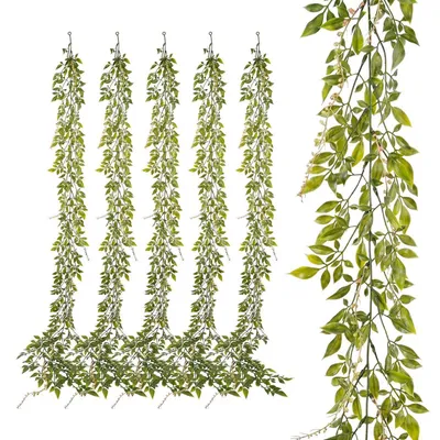 Image de Guirlande de feuilles, 1,7 m, plante artificielle, lierre, vert, 6 pièces, pour intérieur et extérieur
