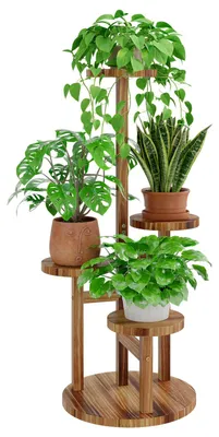 Image de Support à plantes en bois à plusieurs niveaux – Support à plantes peu encombrant à 4 niveaux pour le salon et le jardin, support à fleurs à plusieurs niveaux.