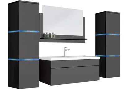 Produktbild von 5 teiliges XXL Badmöbel Set Waschplatz inkl. LED Beleuchtung hochglanz Schwarz