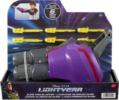 The image shows the packaging of a Zurg Arm Blaster toy from Disney Pixar's Lightyear movie. The packaging displays the toy, its accessories (missiles), and promotional text and graphics.