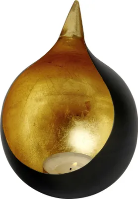 Produktbild von Caldera Windlicht Eisen, außen patiniert schwarz, innen belegt mit Metallblatt, gold H 15 cm, D 11,5 cm