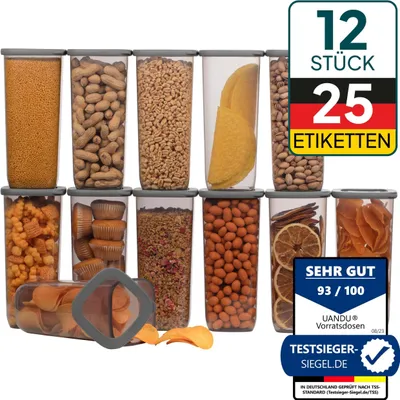 A collection of clear plastic food storage containers filled with various food items, arranged in a grid.
