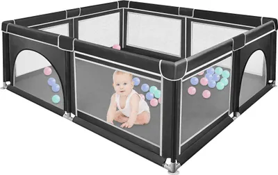 Produktbild von Baby Laufgitter faltbar 180x150cm Laufstall Krabbelgitter mit Tragetasche Schwarz