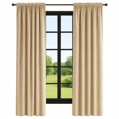 A pair of beige curtains hangs in front of a window with a view of a green landscape.