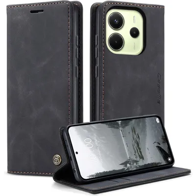 Image de Étui de protection rabattable en cuir noir pour Xiaomi Redmi Note 14 4G, avec porte-cartes et fonction support