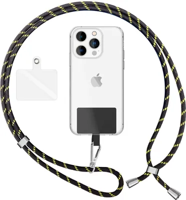 Produktbild von NALIA Universal Lanyard mit 2 Pads & Karabinerhaken - 160cm Handykette zum Umhängen -  Schwarz Gelb