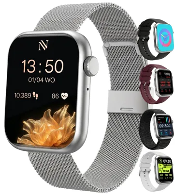Productafbeelding van Nuvance Smartwatch Dames - Smartwatch Heren - Stappenteller Horloge Dames - Hartslagmeter - Sporthorloge - Geschikt voor iOS/Android - Incl. 5 Bandjes - Zilver