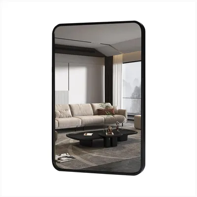 Zdjęcie produktu dla Czarny, prostokątny lustro ścienne z ramą aluminiową - 80 x 60 cm - Nowoczesne lustro do łazienki, idealne do łazienki, sypialni, salonu i przedpokoju - montaż poziomy