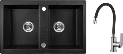 Produktbild von BADLAND Elza Set Spülbecken Granitspüle Doppelbecken Schwarz Armatur Spültischarmatur Siphon