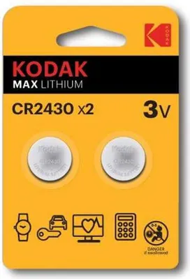 A package of Kodak Max Lithium CR2430 button cell batteries.