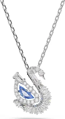 A close-up studio shot of a silver swan pendant necklace with a blue gemstone.