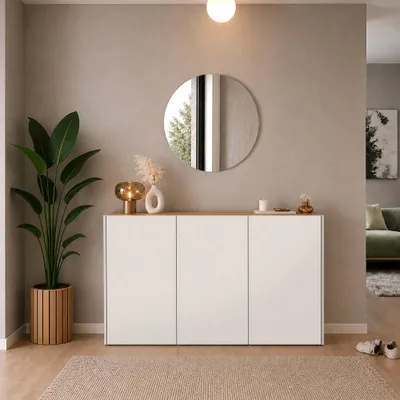 Produktbild von Garderobenset 2-teilig mit Schuhschrank & Spiegel in Beige mit Eiche - LAPUA-01