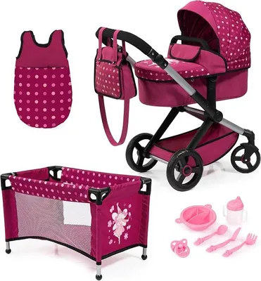 Imagen del producto de Cochecito para muñecas Xeo, con asa ajustable, mecanismo de oscilación, adaptable como cochecito para correr, moisés, cuna para muñecas, accesorios, color burdeos, color rosa