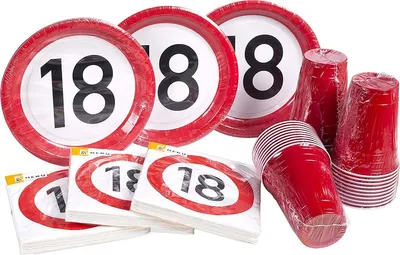 Produktbild von Einweggeschirr 18. Geburtstag Verkehrsschild Geburtstagsdeko Partyset Party Deko Set rot weiss Dekoration Zahl volljährig Frau Mann