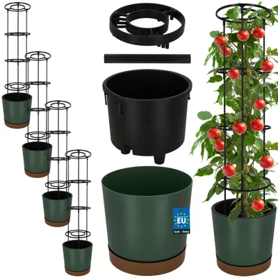 Image de KOTARBAU® : Lot de 4 pots de culture pour tomates, diamètre 29 cm. Pots de fleurs avec support de croissance pour plantes grimpantes. Tour de tomates, 108 cm. Robuste et durable, en plastique, de couleur verte