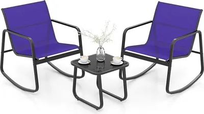 Produktbild von 3-teiliges Set Tisch und Stühle, 2 bequeme Schaukelstühle und Couchtisch mit Glasplatte, Möbel für Innen- und Außenbereiche wie Balkone, dunkelblau