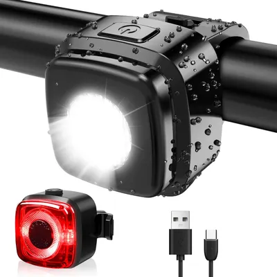 Zdjęcie produktu dla Zestaw oświetlenia rowerowego, zatwierdzony zestaw oświetlenia LED IPX5: lampa przednia + lampa tylna, zestaw oświetlenia rowerowego, USB typu C