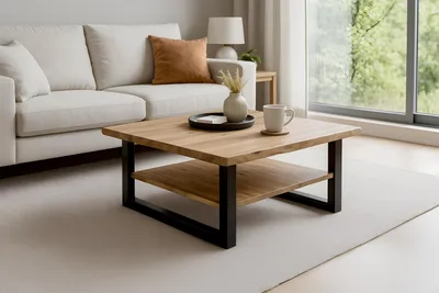 Produktbild von Couchtisch Baumkante 90 x 90 cm Akazie massiv + naturfarben lackiert schwarz PATRICK