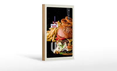 Produktbild von Holzschild Reise 12x18 cm USA Burger Pommes Zwiebelringe essen