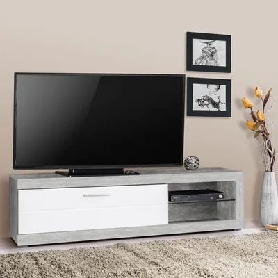 Image de Pompu - Meuble TV, 162x42x44h cm Blanc, 2 Étagères