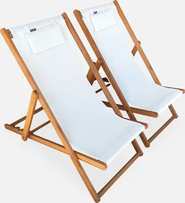 Immagine prodotto di Set 2 lettini prendisole in legno con cuscino poggiatesta, Bianco