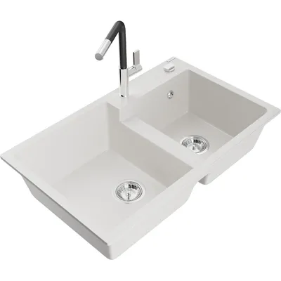 Obrázok produktu pre Mexen Tomas granitový dvojkomorový drez s kuchynskou batériou Flora, Biela - 6516-20-670401-07
