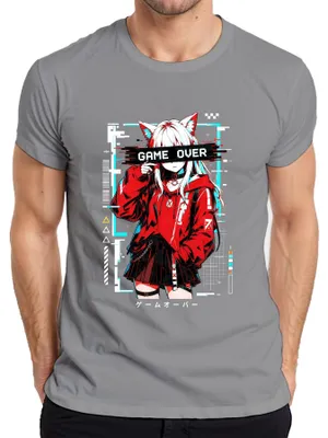 Zdjęcie produktu dla Koszulka męska "Game Over", motyw: dziewczyna z anime, kotek, streetwear, glitch, Japonia, styl Y2K, dla fanów anime, kolor: szary, rozmiar: M