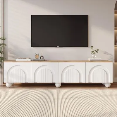 Produktbild von Weiss TV-Schrank 180x40x45cm 4 Schraenke 6 Kugelfuss Metallbeine Lowboard Fernsehtisch Board Kommode Bis 80 Zoll Holz Couchtisch Kaffeetisch