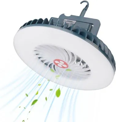 Image de Ventilateur de camping sans fil avec lumière LED - 2 en 1 - Ventilateur portable avec éclairage - 2 modes d'éclairage et 3 vitesses de ventilation - Crochet rechargeable par USB avec poignée - Lampe de secours pour tente - vert