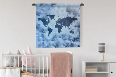Produktbild von MuchoWow® Wandteppich Wandbehang Weltkarte - Blau - Farbe 90x90 cm Tapisserie Dekoration Wandtuch - Wandaufhänger