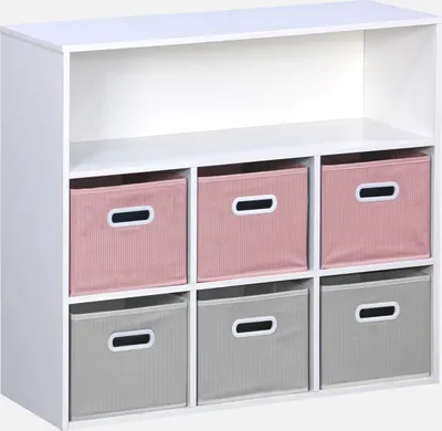A white storage unit with six fabric storage boxes, three pink and three gray.